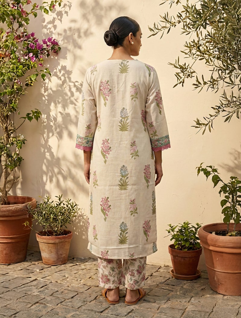 trueBrowns Ivory Floral Boota Print Kurta Pant Set - Image 2